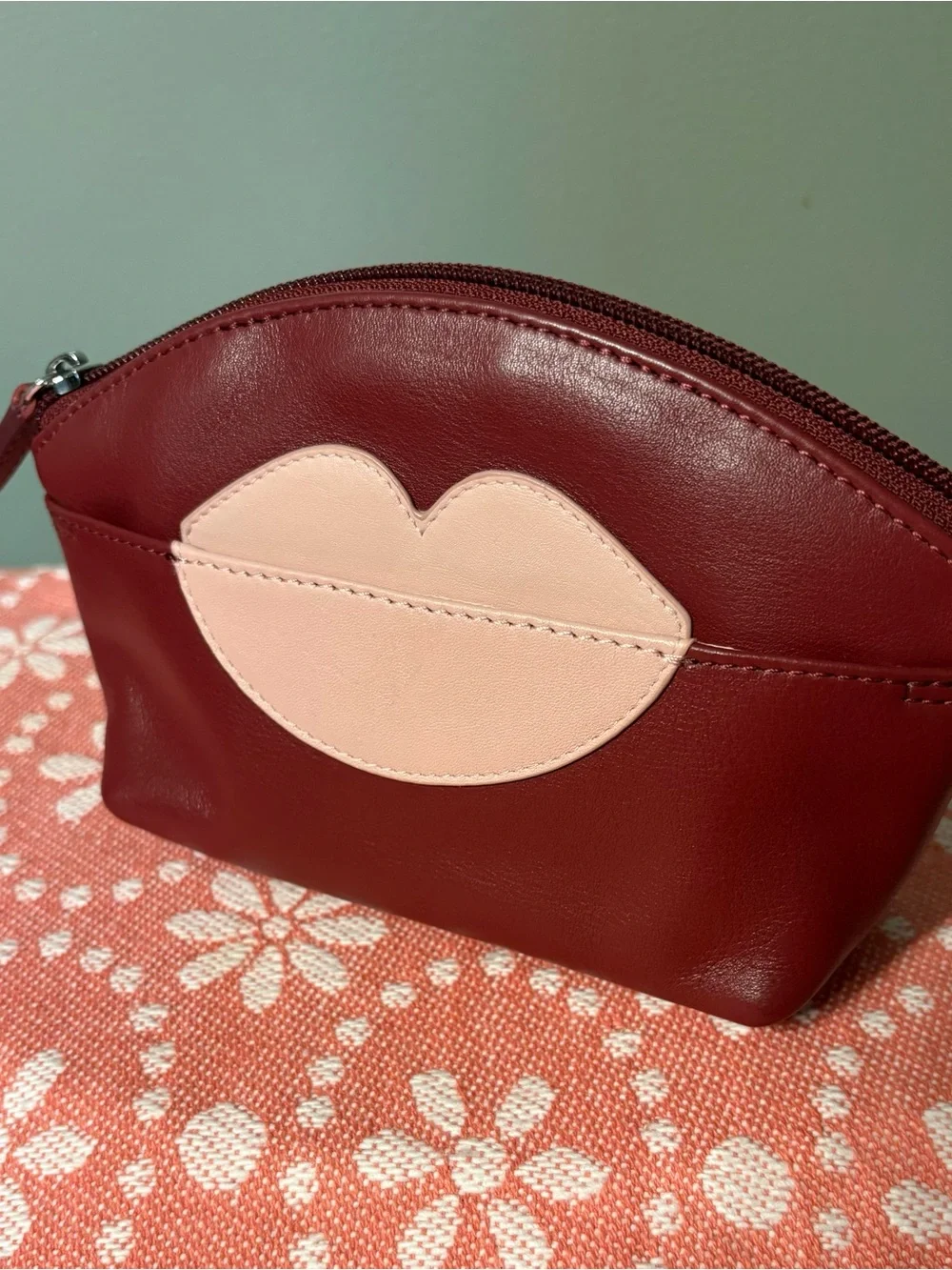 Women’s Lip Applique Cosmetic Pouch - Burgundy with Blush Lip